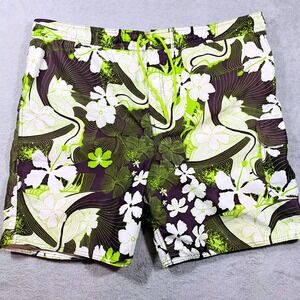 Islander Board Shorts Mens Medium Green White Floral Hibiscus Swim Trunks Cargo